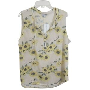 NWT Sunflower Print Sleeveless Blouse Retro 90s Semi Sheer Pintuck Size Large